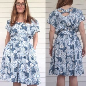 Vintage 80s Summer Print Romper White Blue Dress